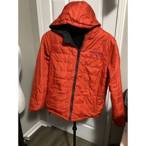 Nautica YLG (14/16) puffer reversable hooded jacket orange / green